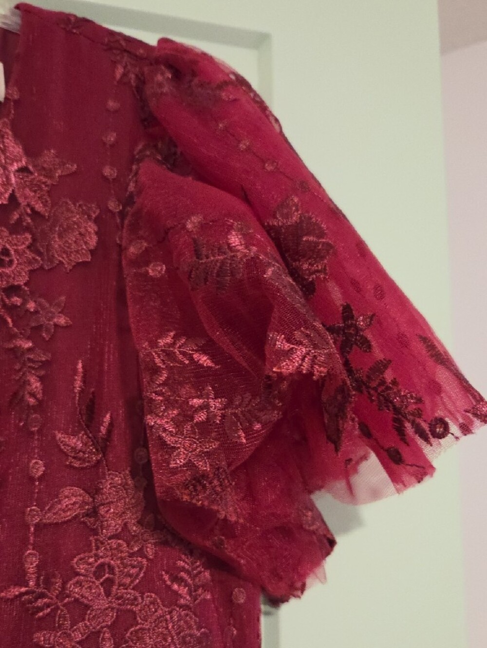 JessaKae Burgundy Lace Midi Dress with Flutter Sleeves - Picture 4 of 9